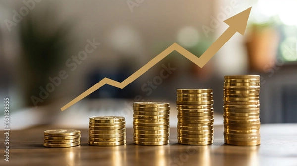 Fototapeta Stacks of coins with rising arrow symbolizing financial growth, investment, and success