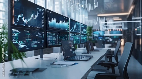 Fototapeta Modern Trading Room with Multiple Monitors Displaying Stock Market Data