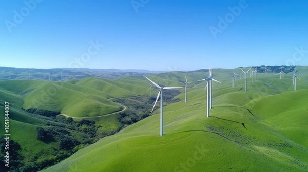 Fototapeta Harnessing renewable energy the scenic beauty of wind turbines on lush green hillsides