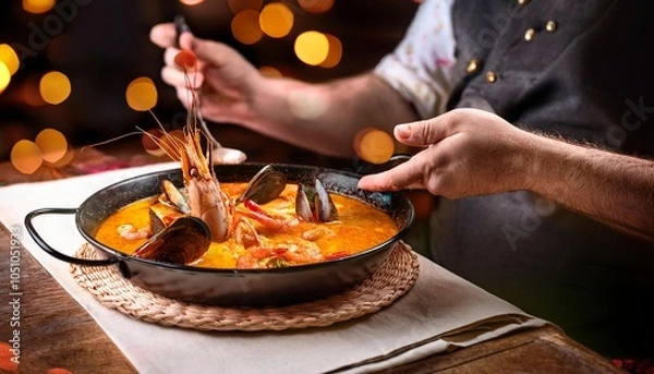 Fototapeta Faceless man eat Caldereta de Langosta in restaurant with bokeh background. Spanish Food.