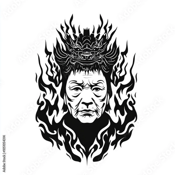 Obraz Black and White Illustration of a Person with a Dragon Head Crown