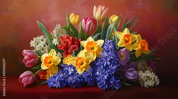 Fototapeta Spring bouquet of daffodils, tulips, and hyacinths in fresh