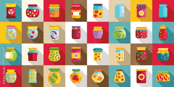 Fototapeta Pickled food jars icons set. Colorful jars containing various preserved foods create a vibrant and diverse display of culinary delights