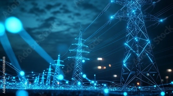 Obraz Futuristic Power Grid Network with Glowing Lights at Night