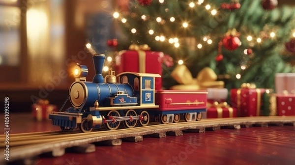 Fototapeta Purple toy train circles a decorated christmas tree, nostalgic holiday scene purple