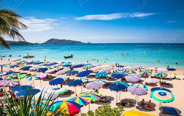 Fototapeta Crowds of tourists at Patong beach in Phuket, Thailand.