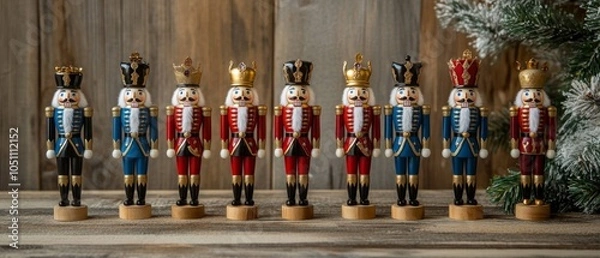 Fototapeta A Row of Eight Traditional Wooden Nutcracker Figurines