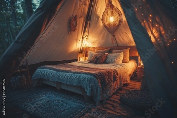 Fototapeta Cozy glamping tent interior with soft bedding, warm lights, and rustic decor, creating a tranquil escape in nature, perfect for relaxation.