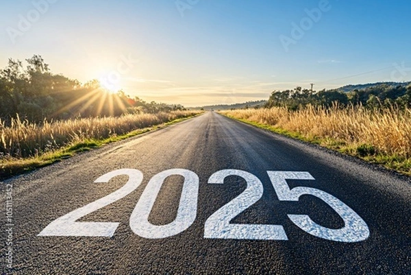Fototapeta A scenic view of a road leading to the horizon with the year 2025 marked on it, under a beautiful sunrise, surrounded by golden grass.