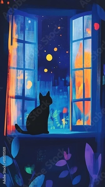 Fototapeta Illustration art of a cat standing by an open window