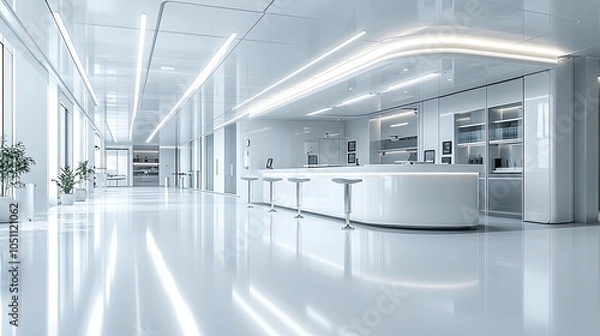 Fototapeta clean, modern laboratory space with white and gray stools, emphasizing sterile environmentillustration