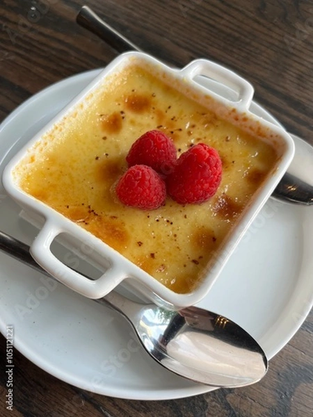 Fototapeta Classic Crème Brûlée Dessert Topped with Fresh Raspberries