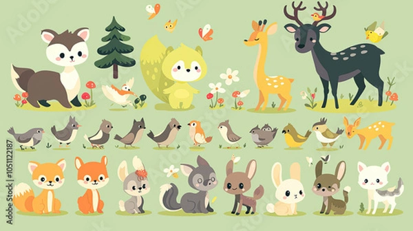 Obraz Illustrations of small animals in the forest, including deer, foxes, and rabbits