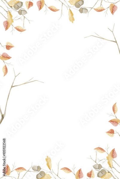 Fototapeta Watercolor Illustration Vertical Frame with Bare Branches and Twigs with Autumn Leaves. Image for Use in Packaging, Print, Web