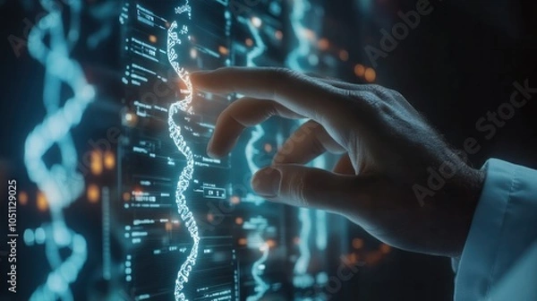 Fototapeta close-up of a doctor's hand holding a syringe in front of a digital healthcare network hologram displaying DNA sequences and medical data,