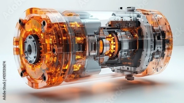Fototapeta cross-section view of an industrial electric motor shows its internal parts and structure, isolated on white background in 3D.