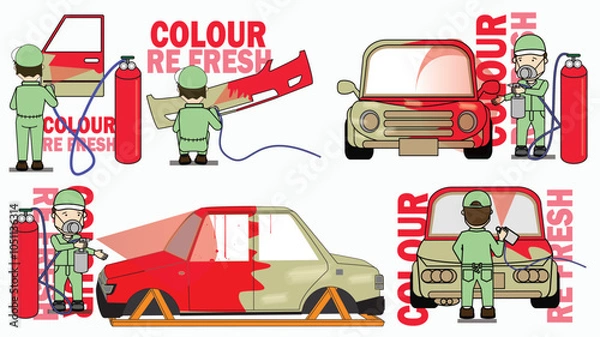 Obraz Car Painting Process: A step-by-step guide for a car painting process, illustrated with a set of four vibrant cartoon images featuring a car, a painter, and spray paint cans.