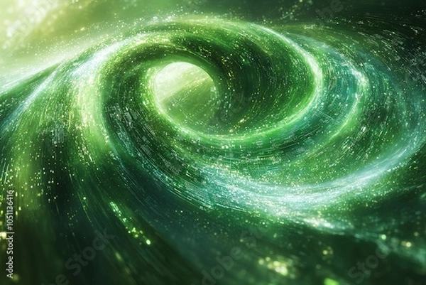 Fototapeta A swirling green vortex with glowing particles in a deep space nebula.