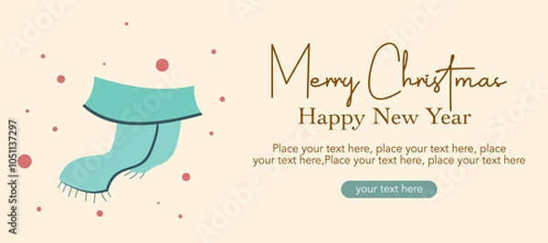 Fototapeta Merry Christmas, Happy New Year, holiday greeting card, modern xmas design with simple art, typography, winter syal and snow illustration on cream background for banner, poster, cover template