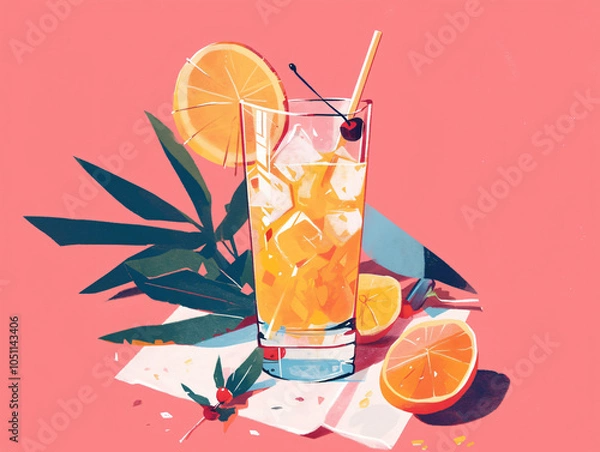 Fototapeta A refreshing cocktail in a tall glass with orange slices and a cherry, set against a pink background, emphasizing summer relaxation and enjoyment.