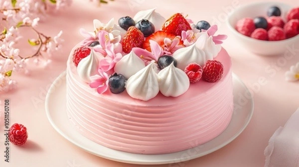 Fototapeta A delicate pink cake with soft meringues and fresh berries, set on a gentle pink background