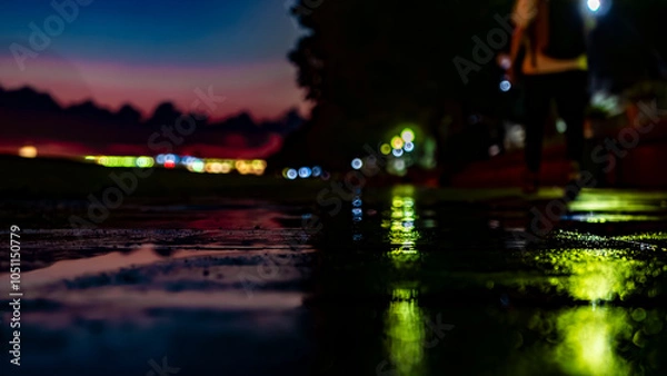 Obraz A beautiful serene river reflection at twilight showcasing an enchanting urban skyline