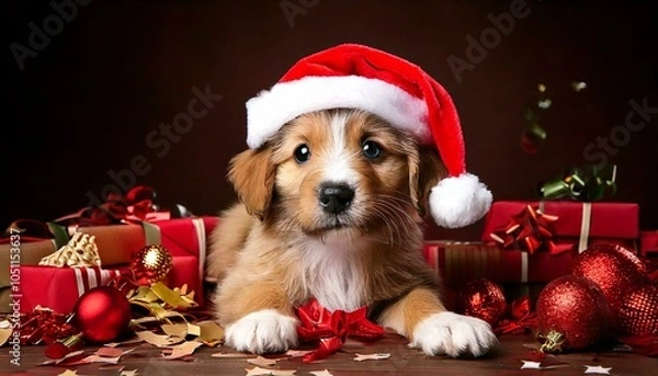Fototapeta A playful puppy wearing a Santa hat, surrounded by Christmas decorations and scattered wrapping paper