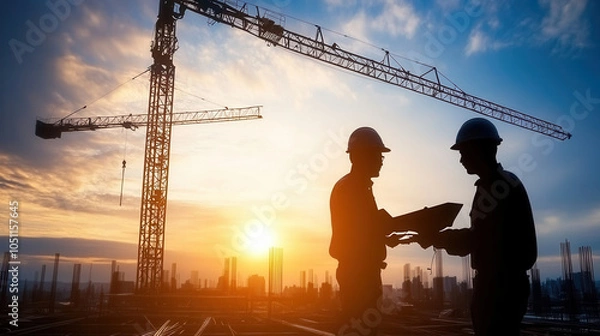 Fototapeta Construction site at sunset with silhouettes of workers discussing plans. scene captures essence of teamwork and dedication in construction industry