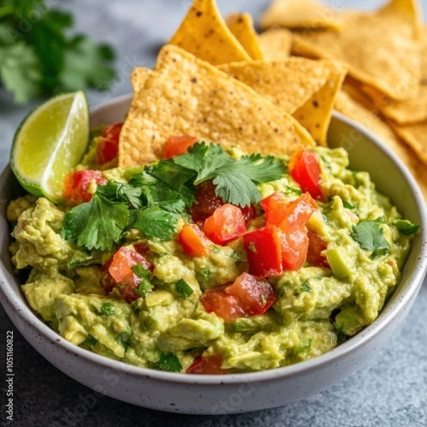 Fototapeta A bowl of fresh guacamole with chunks of avocado, tomatoes, and cilantro