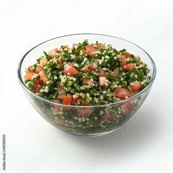 Obraz A bowl of vibrant and fresh tabbouleh salad with parsley, tomatoes, and bulgur
