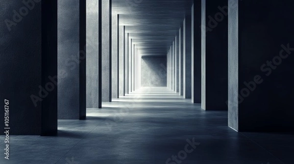 Fototapeta A dimly lit corridor with columns leading to a bright end, evoking a sense of depth and mystery.