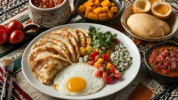 Fototapeta Eastern Breakfast Foods with Creative Plating