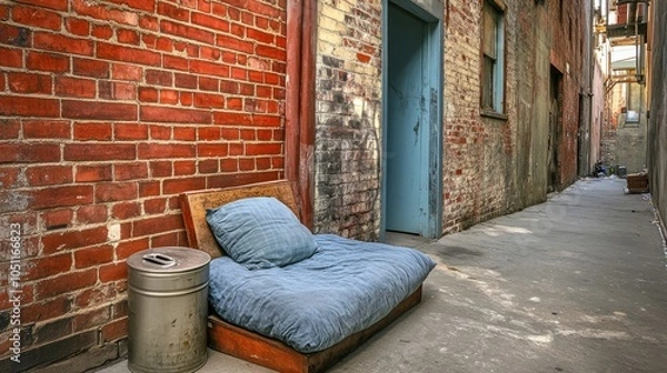 Fototapeta Blue futon is sitting on a brick wall in a narrow alleyway