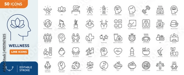 Fototapeta Wellness Line Editable Icons set. Contain icons related to remotely mental health related icons: work-life balance, self-love, meditation, and more. Editable stroke. Vector illustration