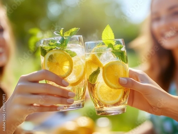 Obraz Two glasses of refreshing lemonade with mint and lemon slices, cheers in sunlight.