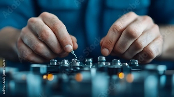 Fototapeta Detailed Close up View of Hands Carefully Adjusting and Repairing the Mechanical Components of a Throttle System Using Various Precision Tools on a Workbench