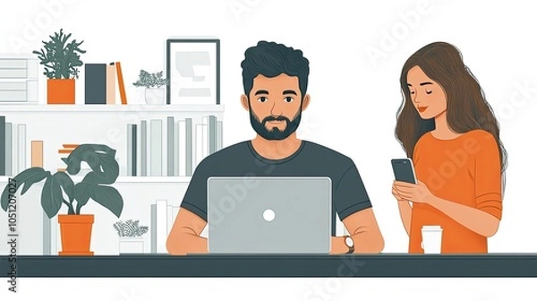 Fototapeta man seated at his desk working on laptop while woman stands beside him holding smartphone, with blank background.illustration