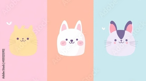 Fototapeta quirky animal face lineup, geometric abstraction, pastel color scheme, rounded shapes, cheerful pet characters, vector art, educational poster design