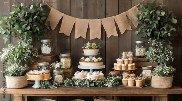 Fototapeta Charming rustic dessert table decorated with greenery and banners