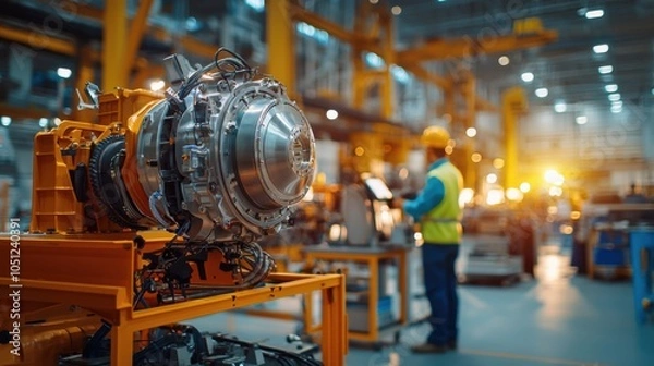 Fototapeta Precision at Work: Workers Assembling Massive Marine Engine in Shipyard Engine Manufacturing Facility