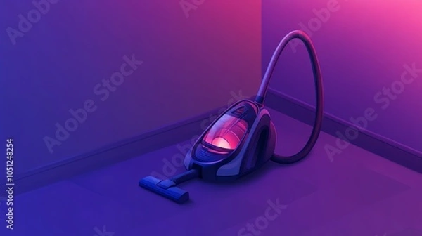 Obraz Isometric room, vacuum cleaner with glowing light, flat design illustration