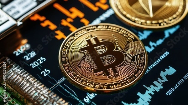 Fototapeta Close-up of a bitcoin coin on a digital screen displaying cryptocurrency trends and data analysis.
