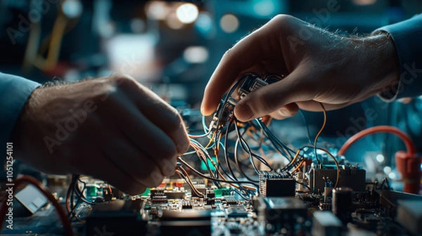 Fototapeta Two people are working on a circuit board 1