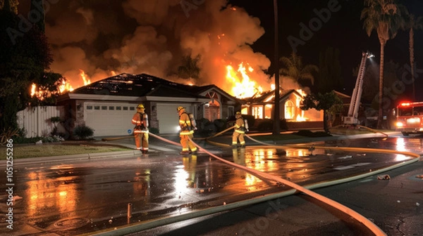 Fototapeta Firefighters bravely battle massive house fire in residential neighborhood at night, with flames illuminating scene. teamwork and urgency are palpable as they work to control blaze
