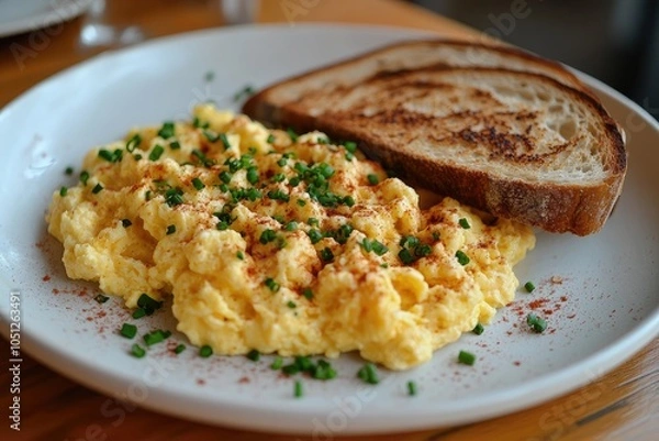 Fototapeta Plate of scrambled eggs with toast and salad for breakfast