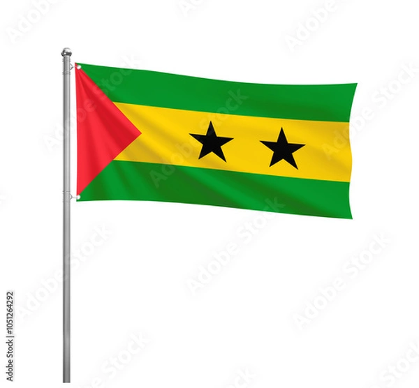 Fototapeta Flag of São Tomé and Príncipe waving in the wind on a silver pole, isolated on transparent
