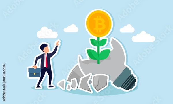 Fototapeta A businessman feels pleased with bitcoin plants growing from a broken lamp, illustration of results from bitcoin investment strategies based on old, unused ideas and innovations