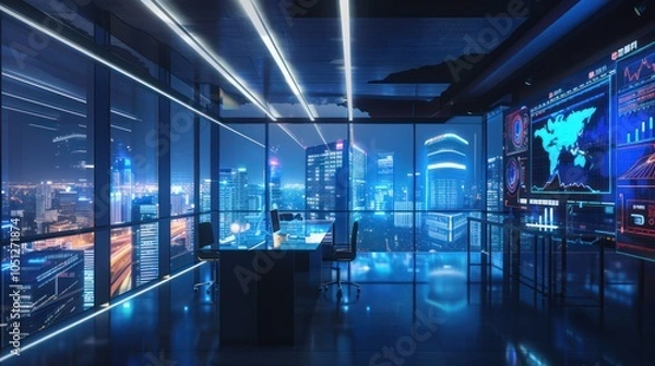 Obraz Futuristic Office with City Skyline View