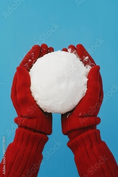 Obraz Hands holding a snowball against a bright blue background.
