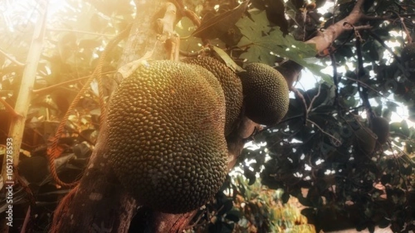 Obraz Close up fresh jackfruit on tree in garden with sun light 